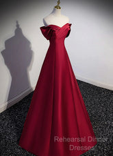 Wine Red Satin Long Party Dress, A-Line Wine Red Satin Semi Formal Prom Dress